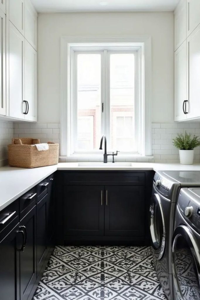 Black appliances white walls high contrast