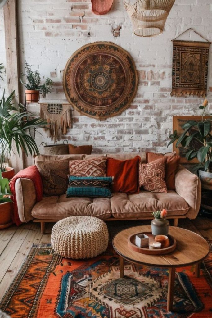 Golden light cushions lanterns rugs pottery beams