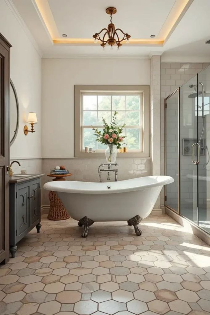 Honeycomb tile warm sunlight bathroom