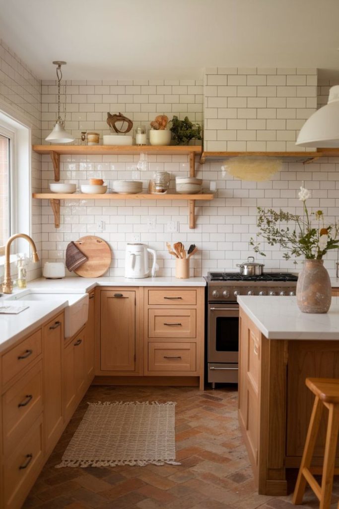 Golden oak cabinets with rustic warmth