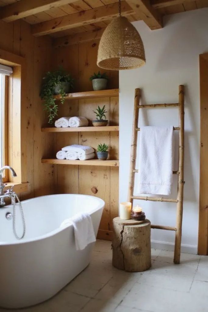 Warm wooden bathroom with beeswax candles