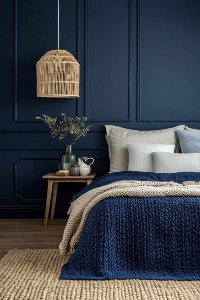 Deep indigo relaxed loft bedroom