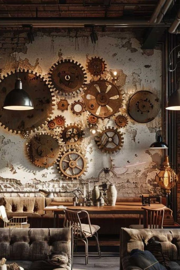 Metallic gears mounted as mechanical wall art