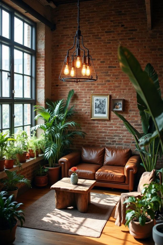 Exposed brick with metal and leather
