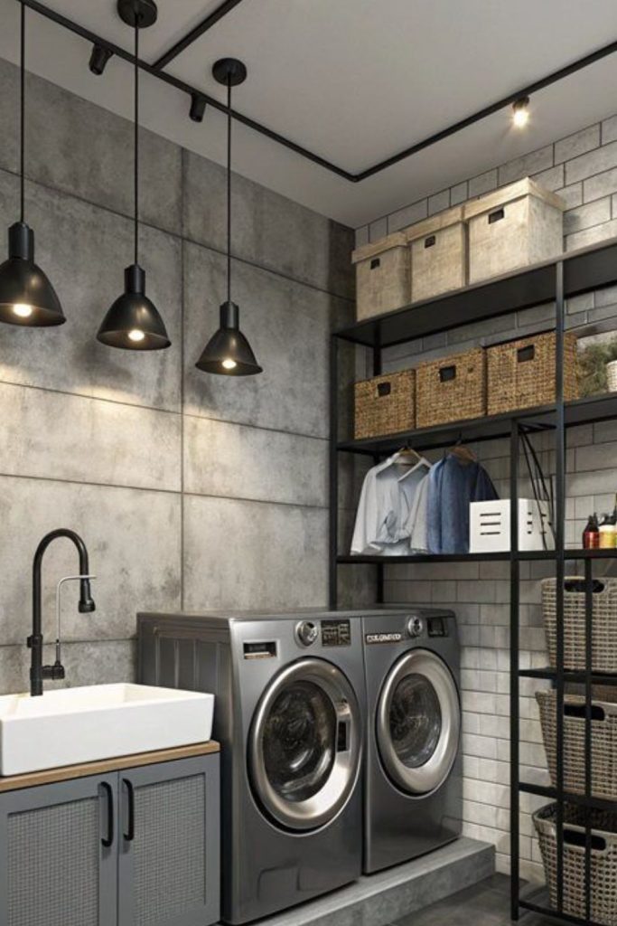 Industrial pipes wood shelves concrete floor