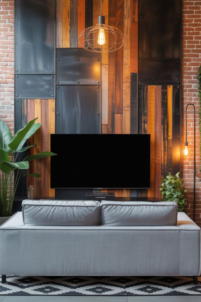 Steel grid wall television industrial aesthetic.
