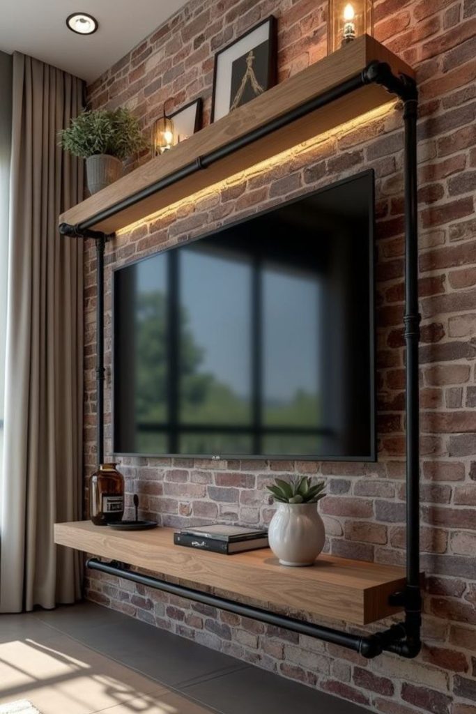 Steel pipes rustic TV wall design.