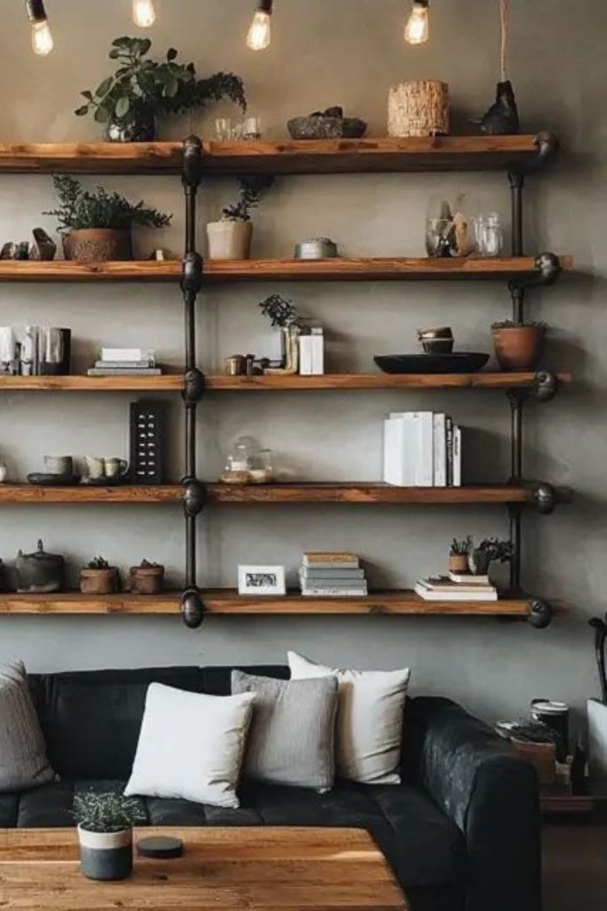 Rusted pipes supporting wooden display shelves