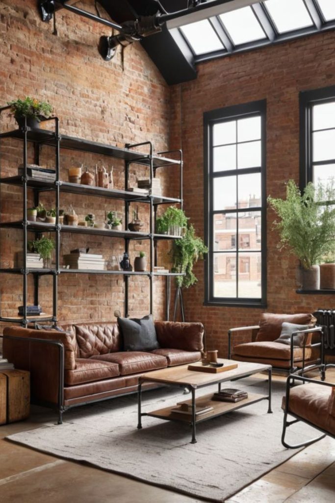 Rectangular industrial space with pipes accents.