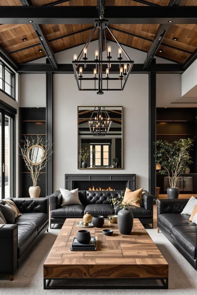 Exposed beams with metal furniture edges.