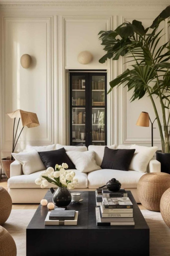 Linen beige living space ink accents.