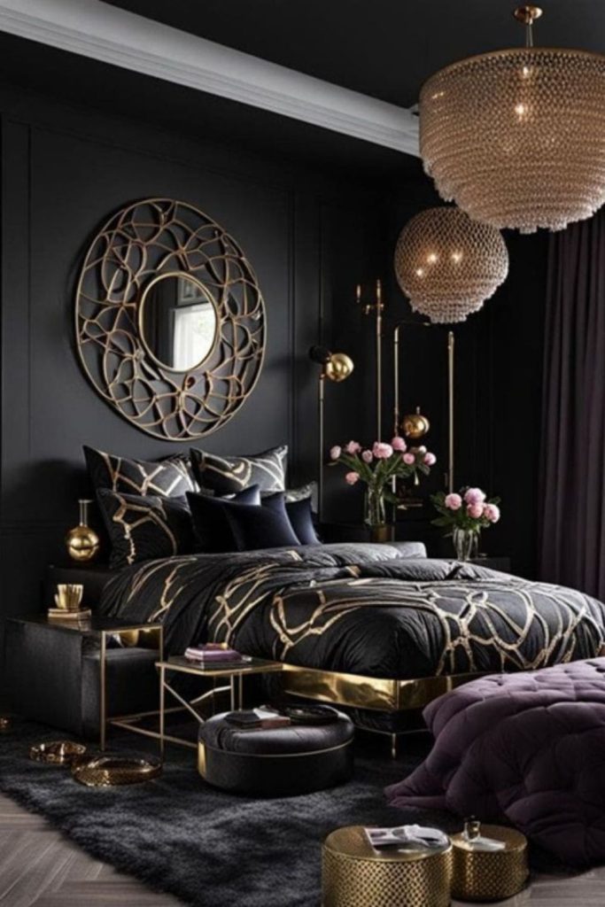 Matte black bedroom with layered textures