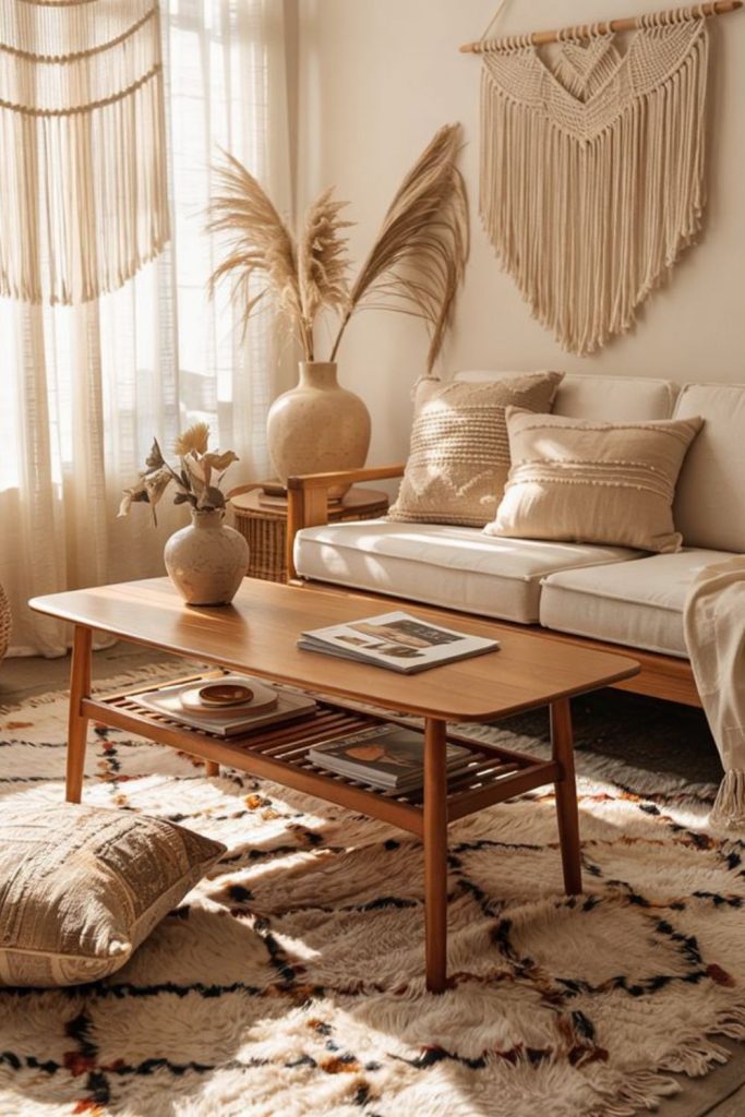 Muted wood tones and neutral soft fabrics