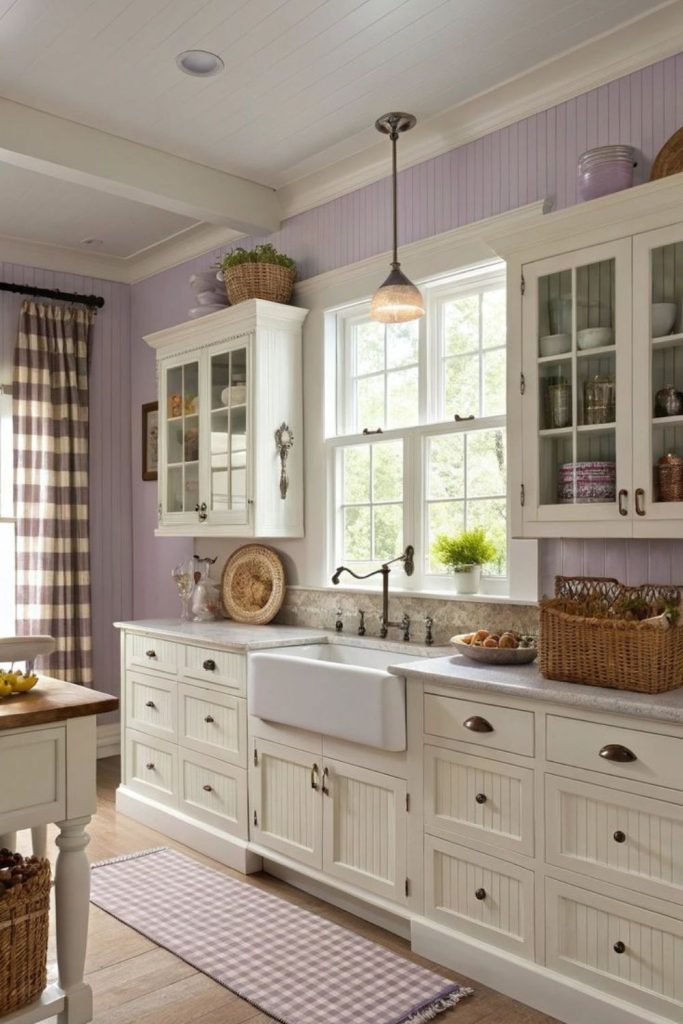 Soft lavender walls and warm oak