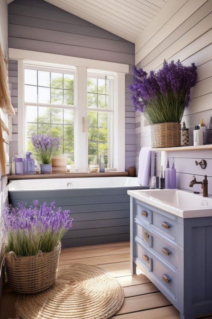 Lavender-filled mint green serene bathroom