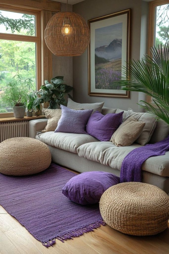 Lavender walls cushions lanterns rugs glass jars