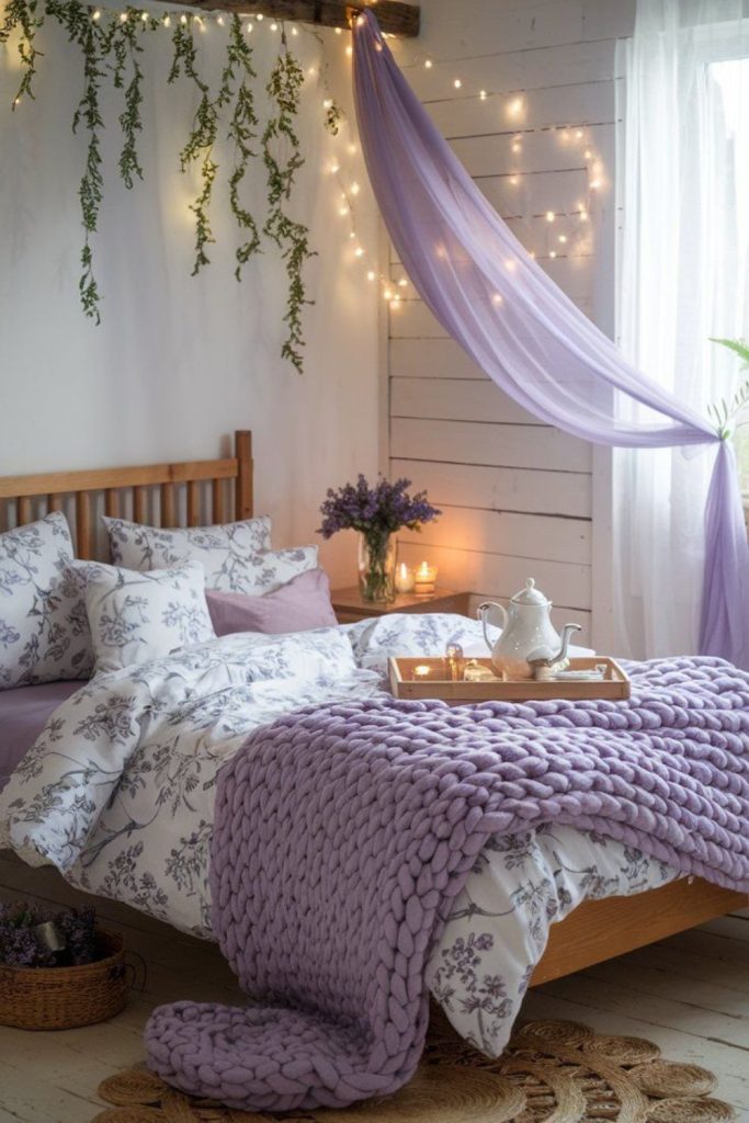 Mauve rugs glass orbs tea sets curtains