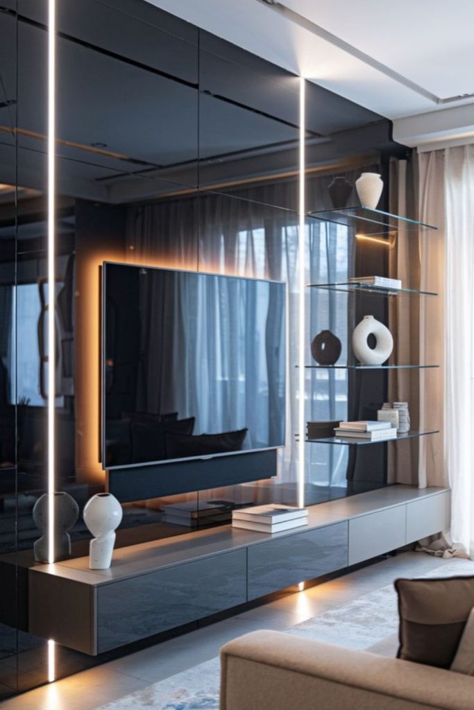 Glass panels TV layered depth illusion.