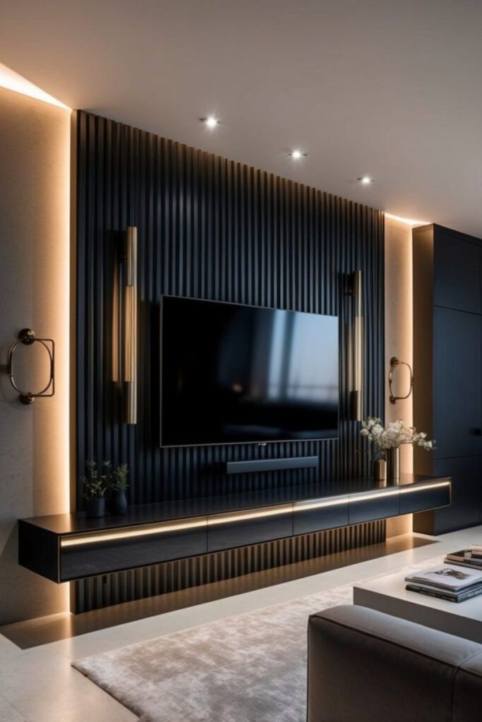 Staggered shadow panels behind television modern.
