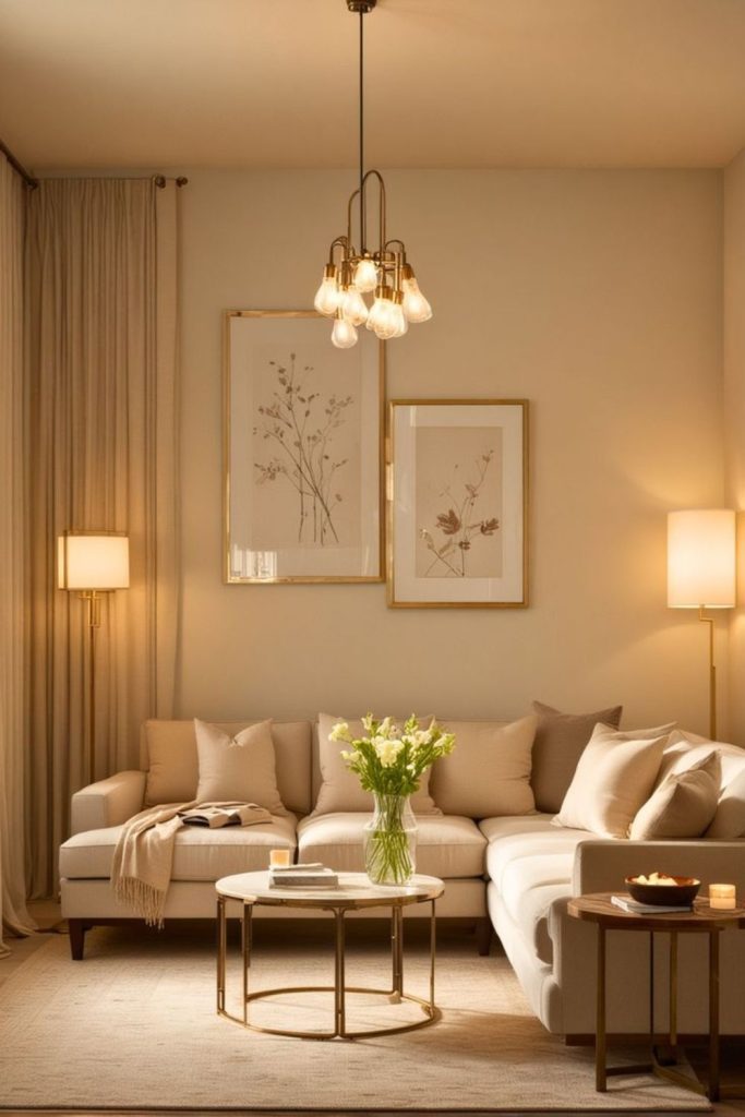 Elongated living room with minimal furniture.