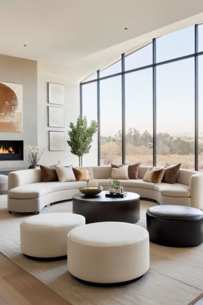 High-ceiling space with irregular seating clusters.