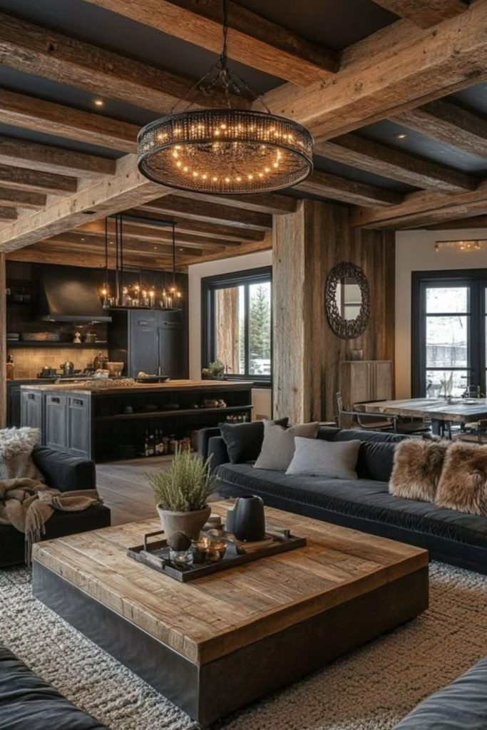 Loft-style room with exposed timber beams