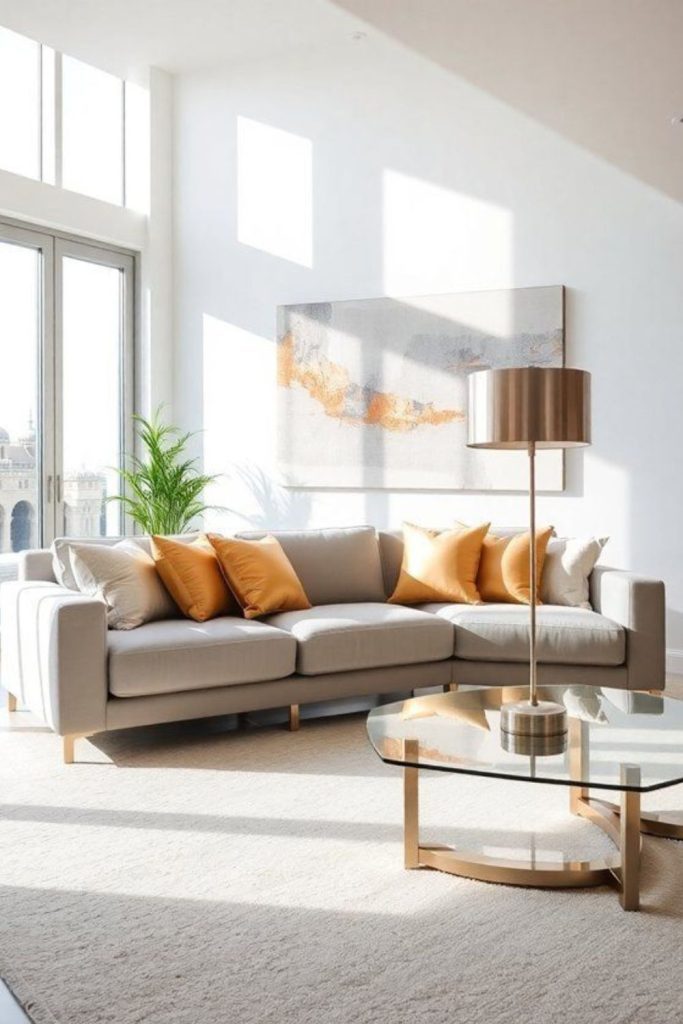 Neutral walls with glass and metal accents