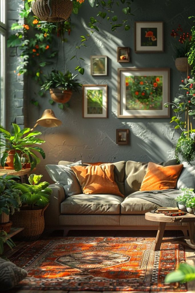 Plant filled midcentury jungle living room