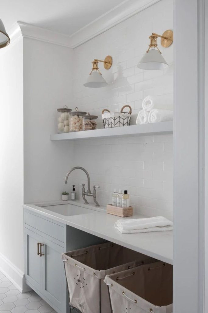 Polished marble countertops floating shelves subtle