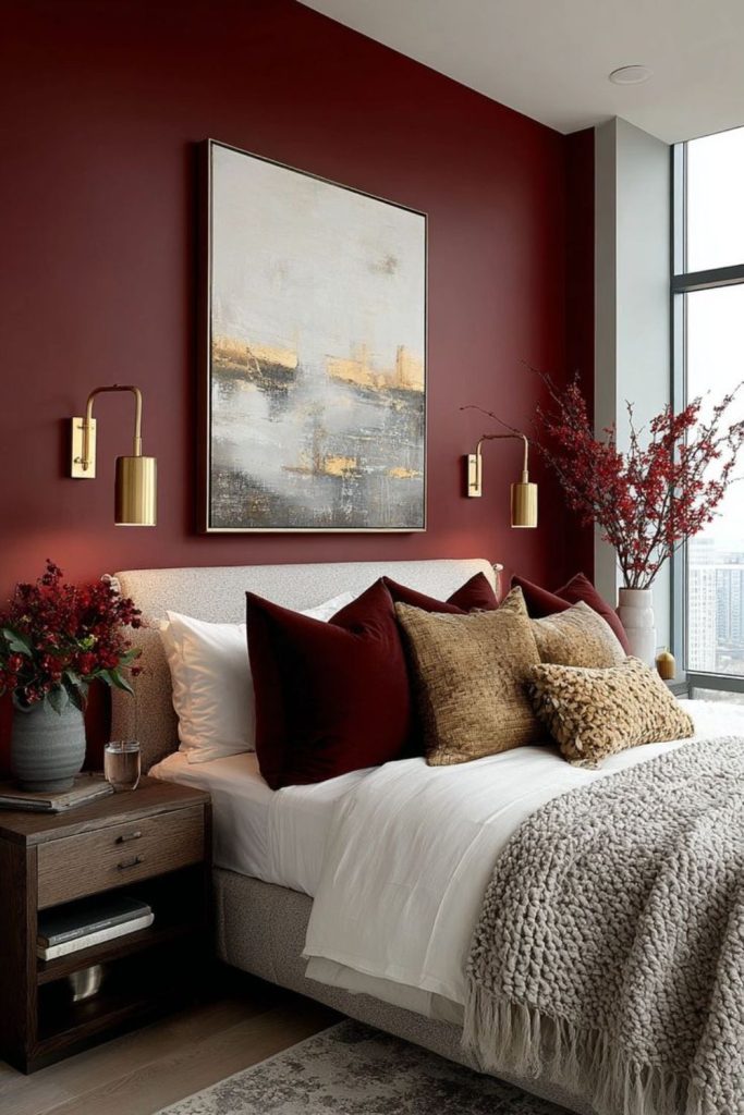 Maroon burgundy room with warm glow.