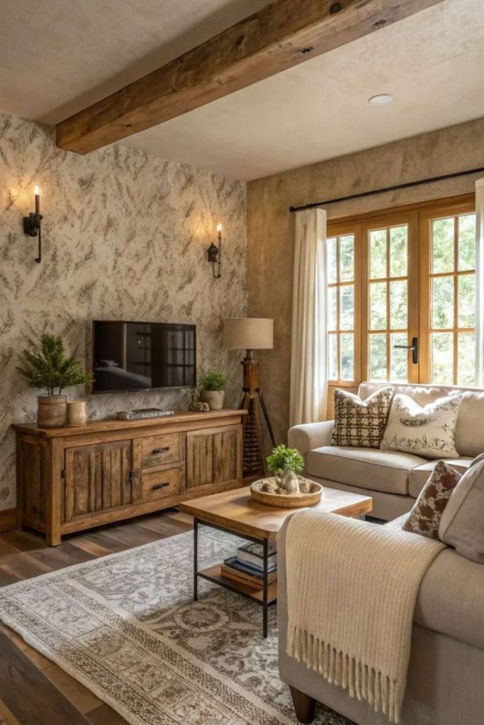 Living room overlooking green meadow