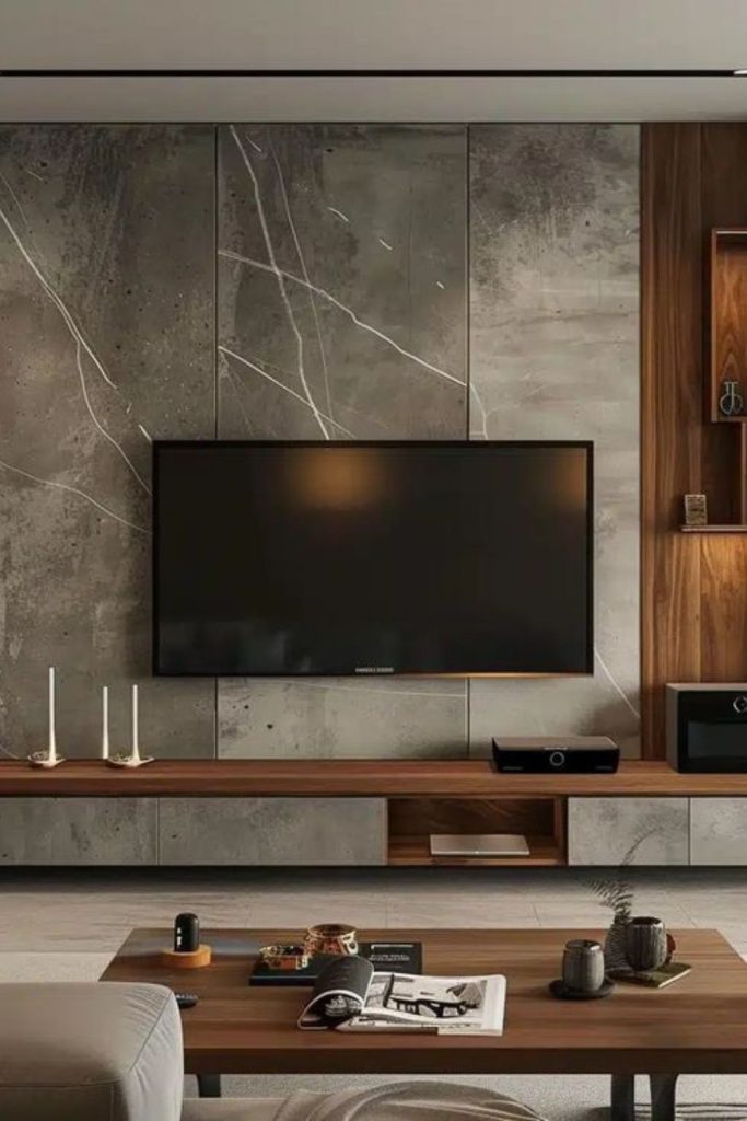 Metallic panels surround television modern industrial.