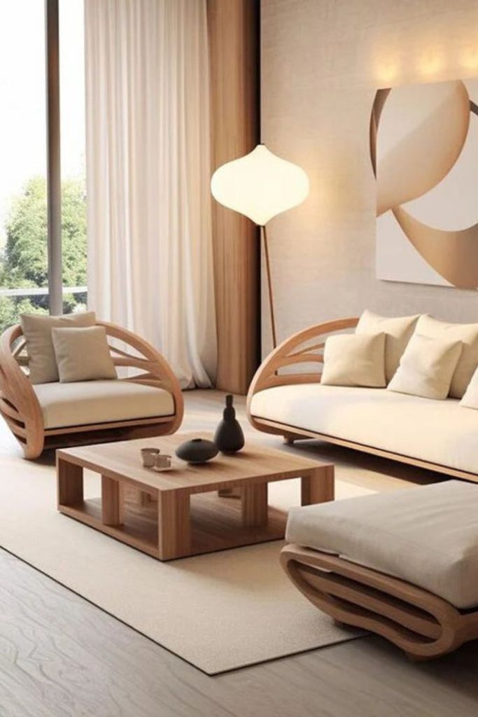 Low sofas with geometric wooden accents.