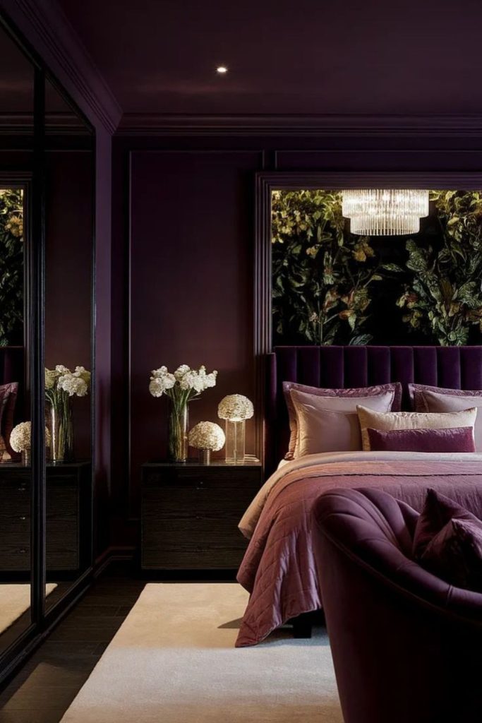 Dark plum bedroom with velvet elegance