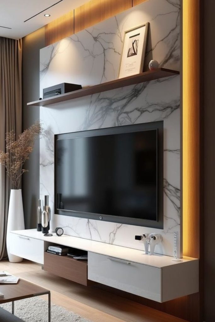 Shadow boxes TV sparse modern display.