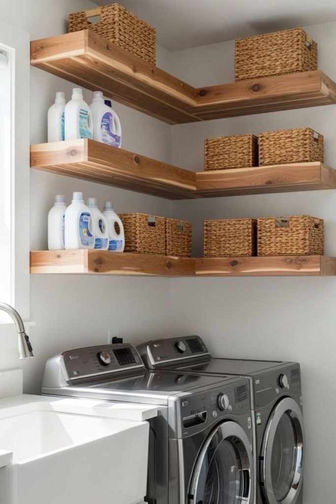 Minimal wooden shelves bamboo baskets calm