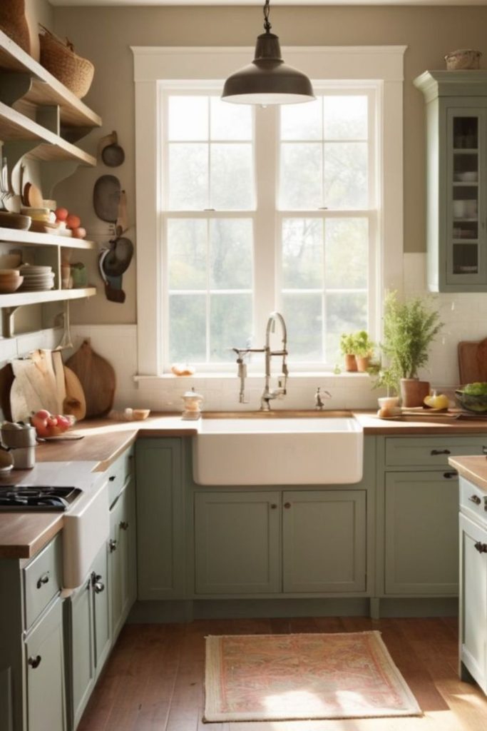 Pastel green cabinets with cozy charm