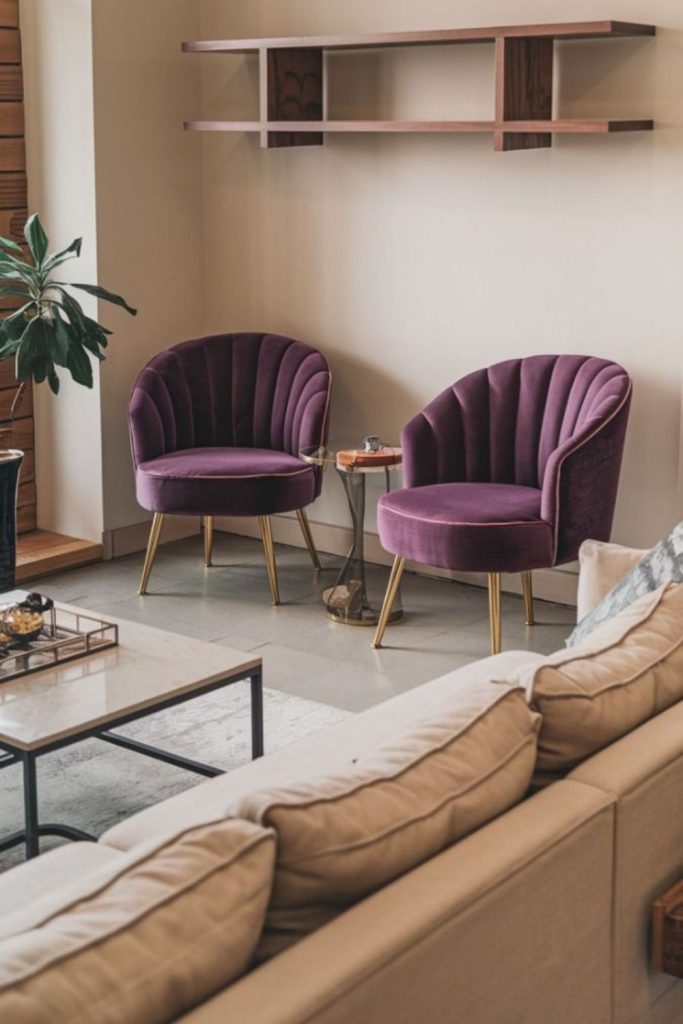 Velvet chairs with metallic decorative accents