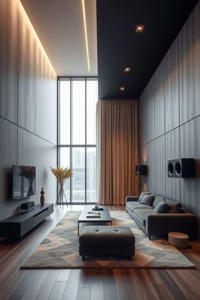 Grey gradient long modern living room.