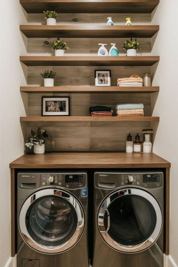 Monochrome appliances geometric shelves minimalist room