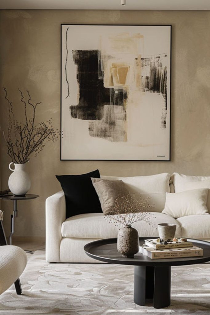 Moonlit beige studio with black shelving.