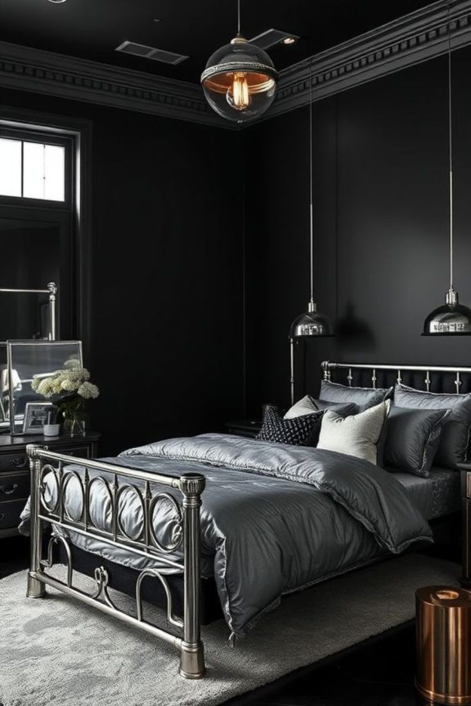 Black metallic bedroom with ambient light