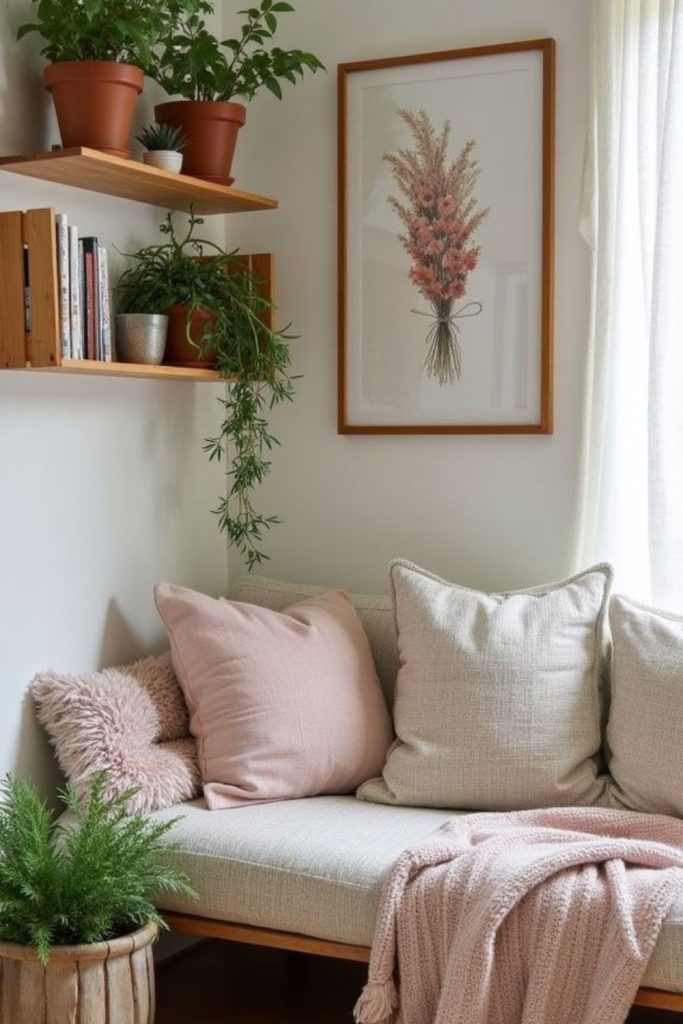 Pastel petals cushions glass vials potted plants