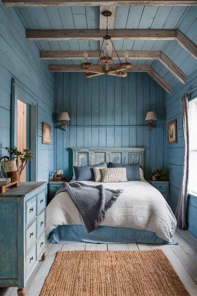 Pale blue-gray airy bedroom corner