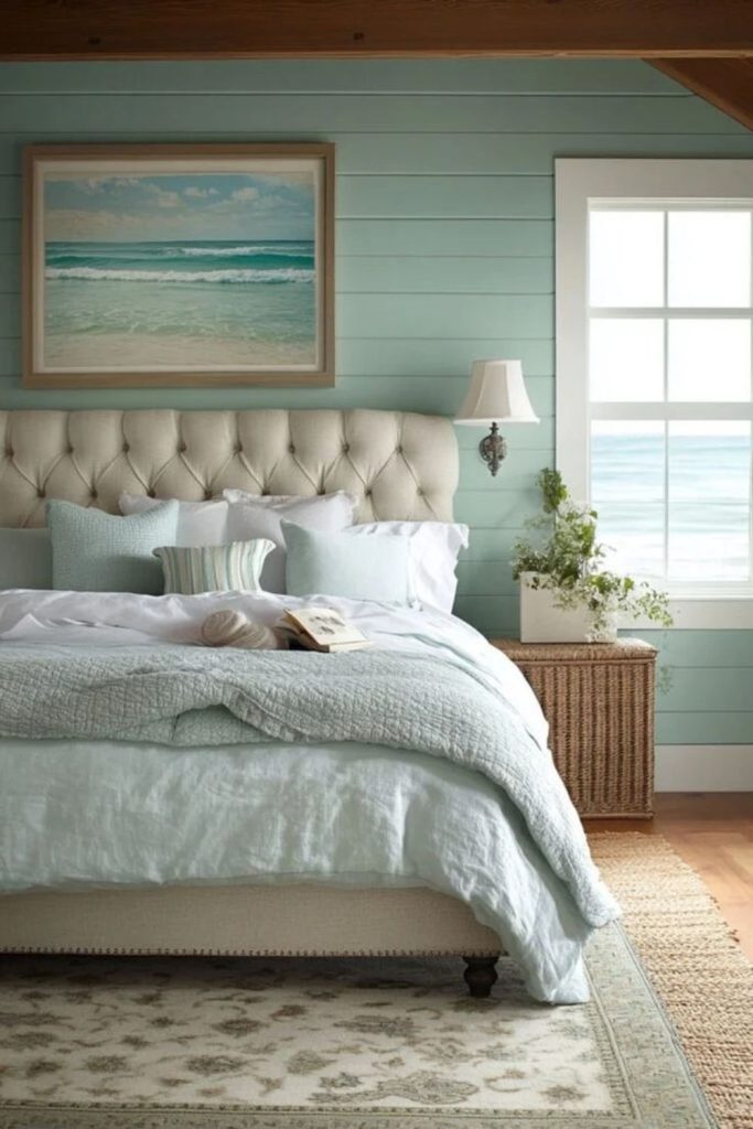 Soft aqua farmhouse bedroom retreat