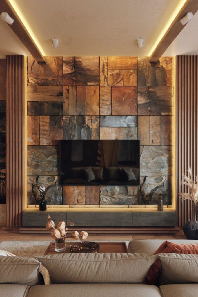 Colorful mosaic tiles embedded TV wall.