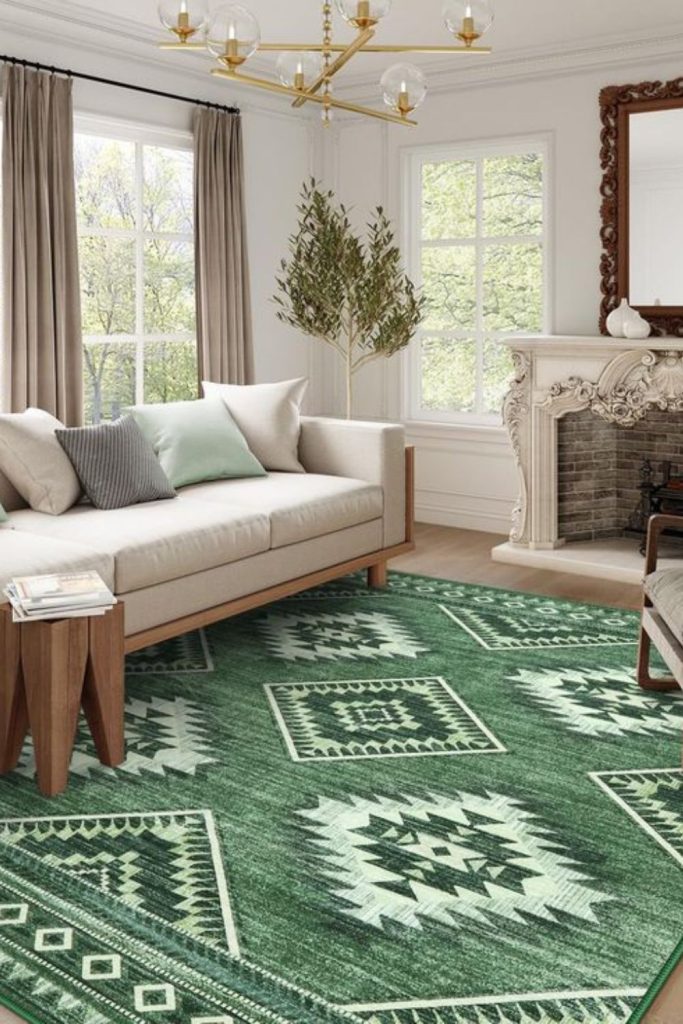 Green rugs wooden benches potted ferns lanterns