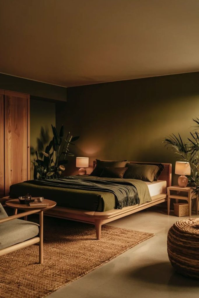 Moss green mid century bedroom design