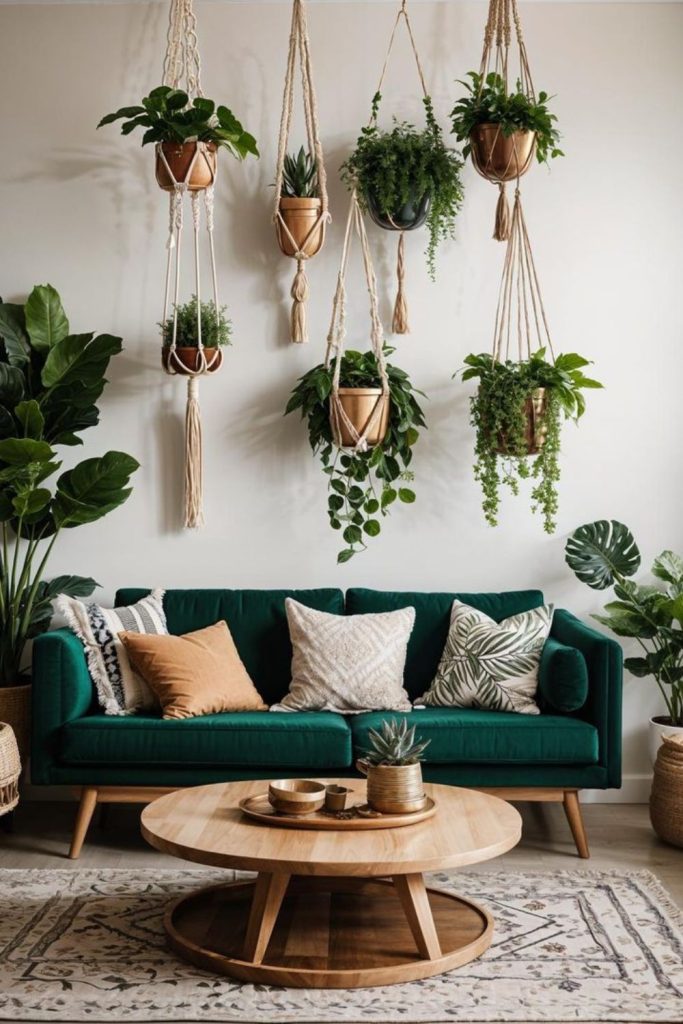 Green moss cushions lanterns rugs potted plants