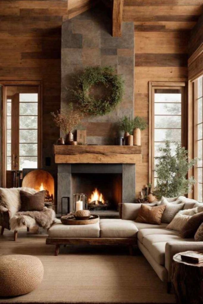 Mossy stone fireplace rustic interior style.